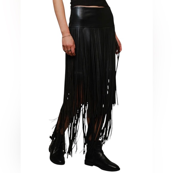 New blue b Black Faux Leather Tiered Carwash Fringe Festival Western Mini Skirt - Picture 3 of 7